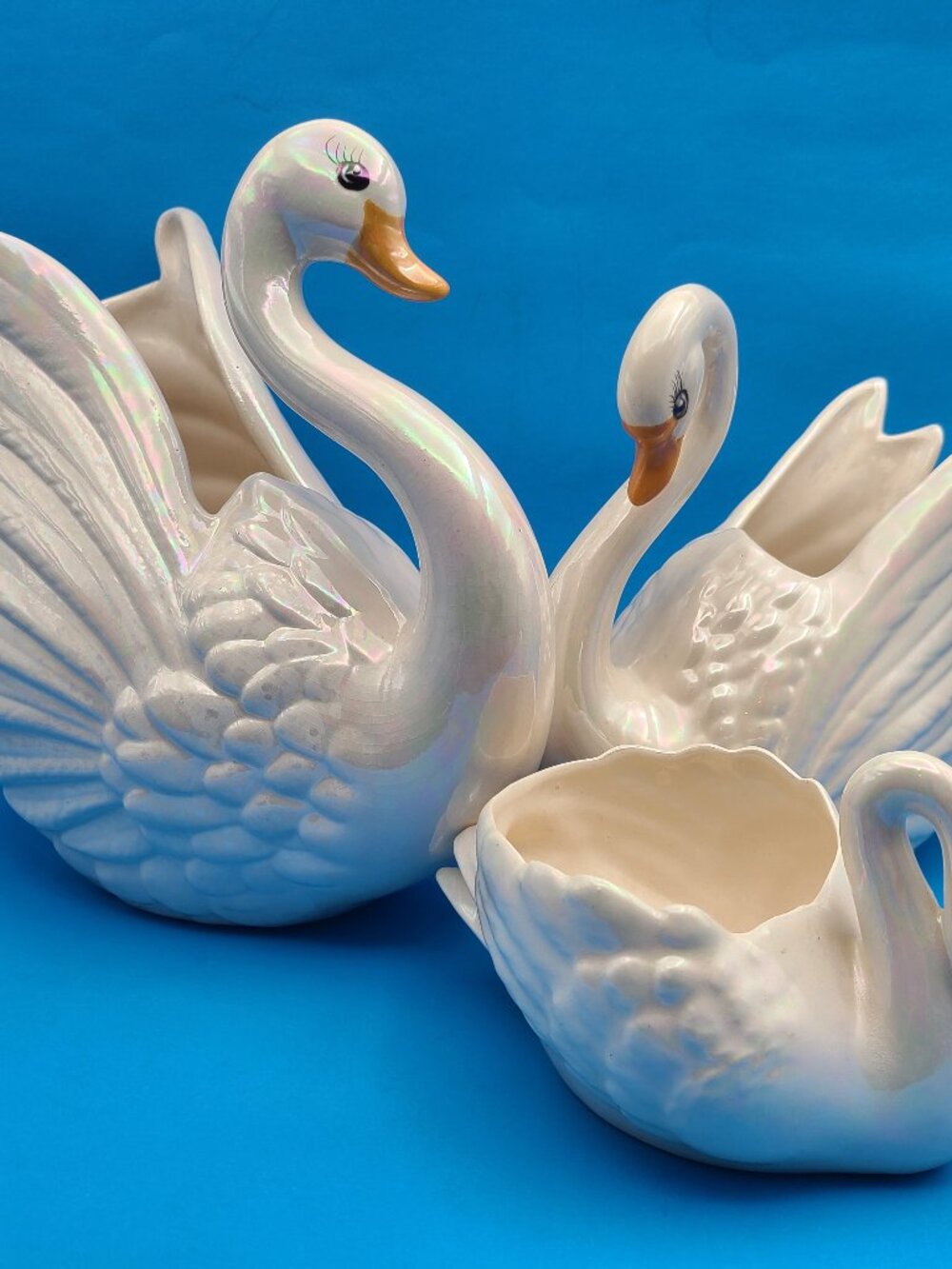 Trio Vintage MCM Iridescent White Swan Planters 3 Lengths 11" 8" 6"
